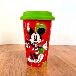 Mickey Mouse Christmas Coffee Tumbler Ceramic Green Silicone Lid Holiday Mug